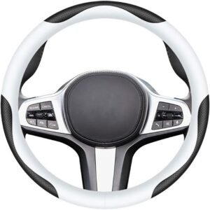 Universal leather steering wheel cover, non-slip breathable, 15 inch fit.