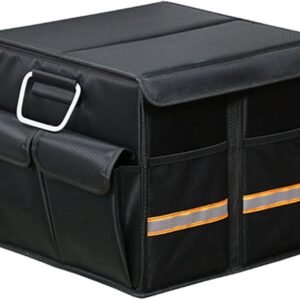 Foldable car trunk organizer with cover, aluminum handle, and reflective safety strip.