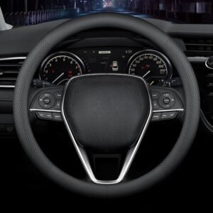 Premium leather steering wheel cover, non-slip breathable, 15 inch fit.