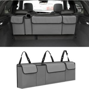 Large hanging car trunk storage bag with waterproof foldable design and adjustable straps.