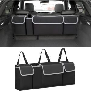 Hanging backseat car storage organizer with adjustable straps and multiple storage pockets.