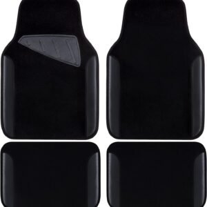 Waterproof faux leather car floor mats with anti-slip backing and heel protection.