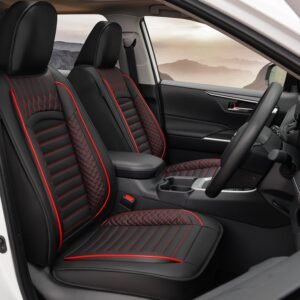 Faux leather car seat covers with waterproof protection and two-tone style.