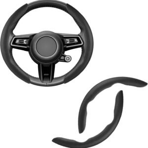 Set of 2 segmented leather steering wheel covers, universal fit.