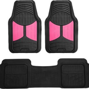 Heavy duty pink rubber car floor mats with trim-to-fit universal design.