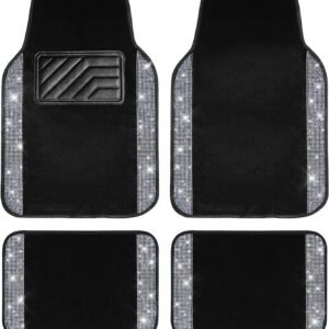 Sparkling crystal rhinestone car floor mats with waterproof heel pad and decorative style.