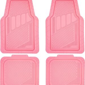 Pink heavy duty rubber car floor mats with all weather waterproof protection.