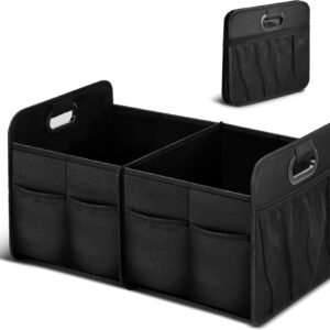 Collapsible car trunk organizer with waterproof Oxford fabric and multi compartment storage.