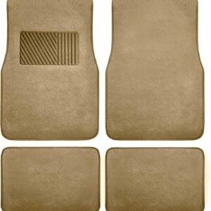 Car floor mat set with driver heel pad and universal interior protection.