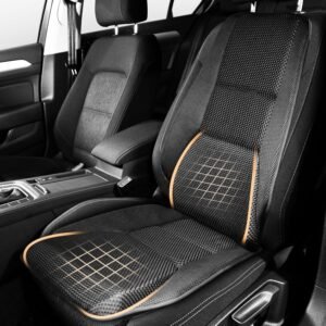 Memory foam car seat cushion with breathable mesh, back pain relief, universal fit.